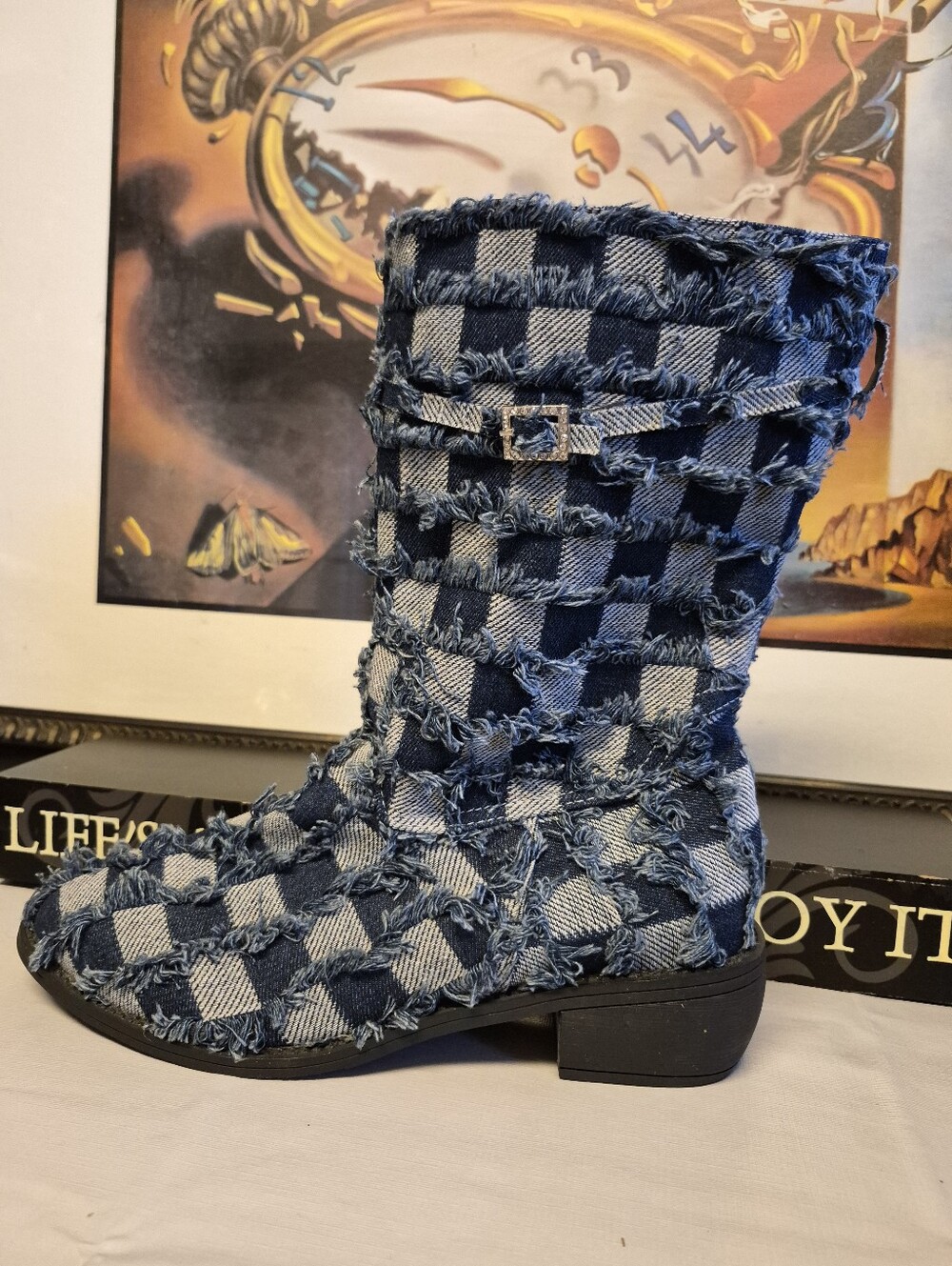 New Without Tags Blue Denim Fringe Boots W/Rhinestone Accents Size 9.5 - Picture 1 of 12